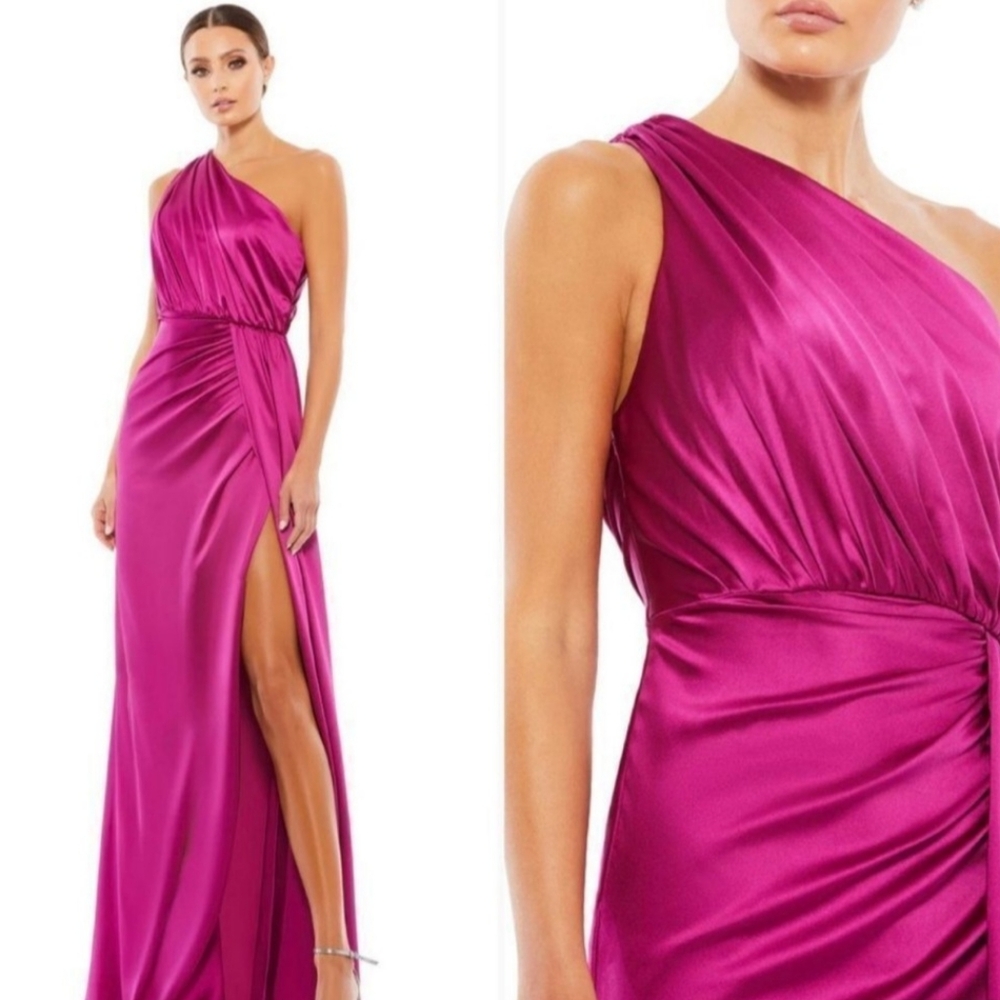 NWT Mac Duggal Gathered One Shoulder Satin Faux Wrap Gown sz 10
